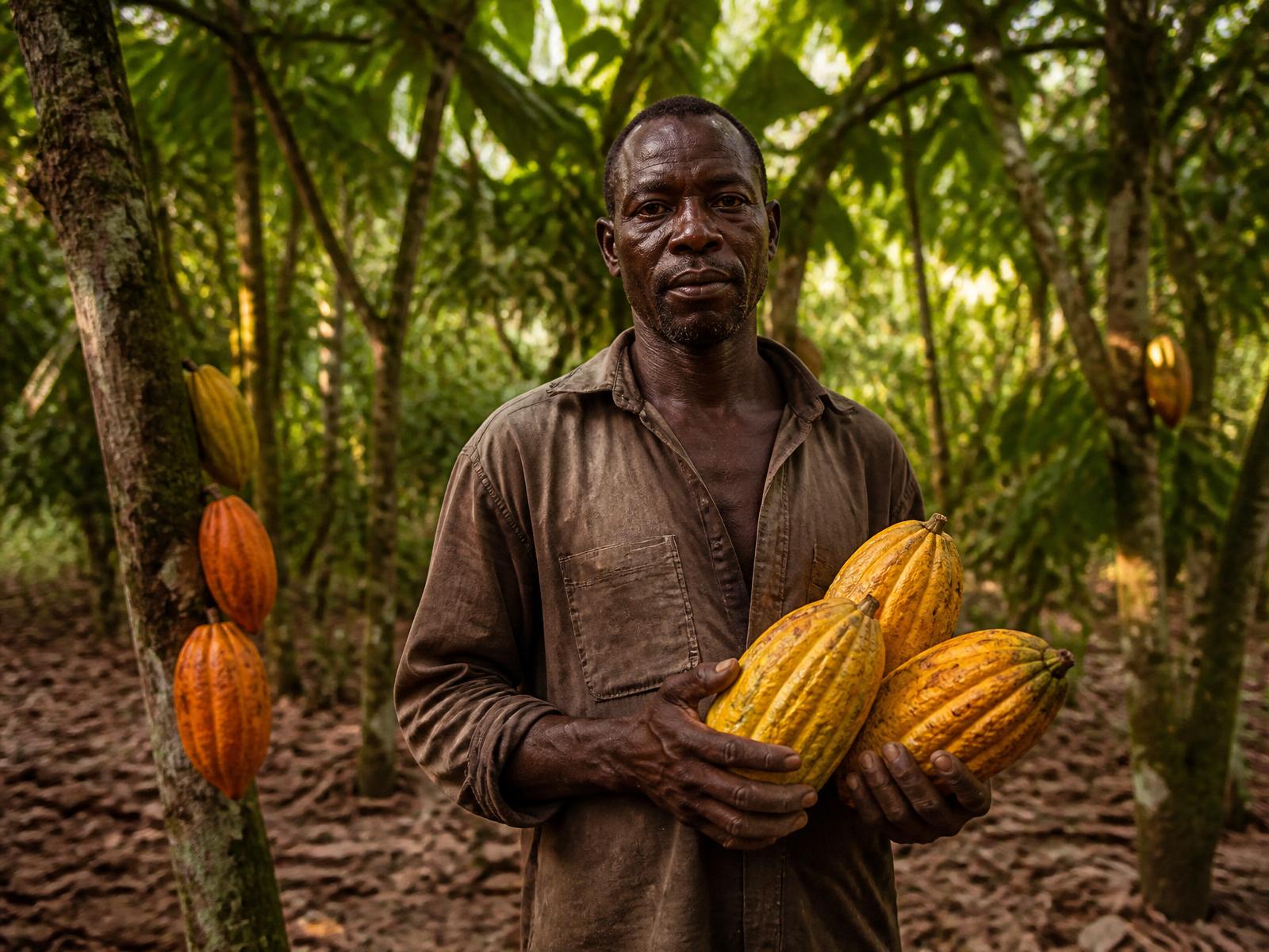 Ghanaian cocoa farmer holding freshly harvested pods among cocoa trees